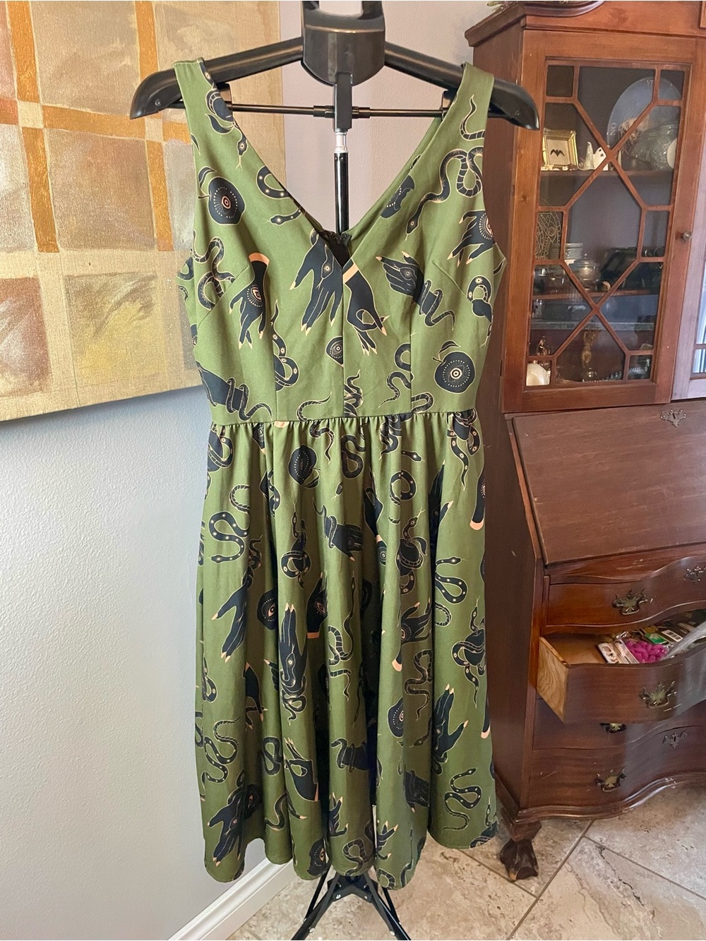 Laura Byrnes Pinup Olive Green Dress with Garden of Eden Print